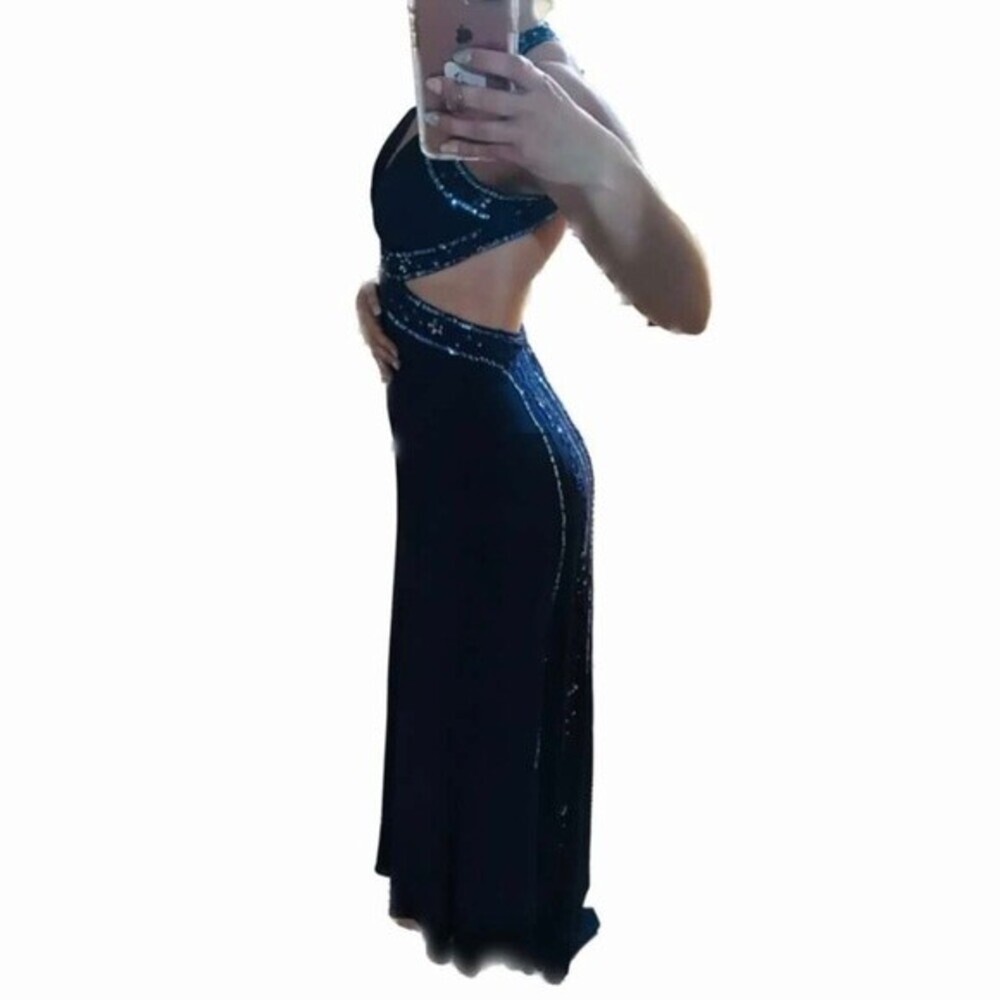 Nightway navy blue open back low cut prom holiday dress size 4